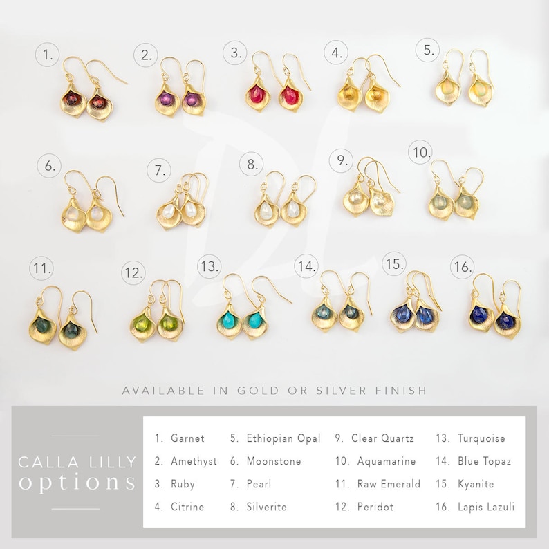 May include: A selection of 16 different gemstone earrings in a gold setting. The earrings are shaped like a flower petal. The gemstones include garnet, amethyst, ruby, citrine, Ethiopian opal, moonstone, pearl, silverite, clear quartz, aquamarine, raw emerald, peridot, turquoise, blue topaz, kyanite, and lapis lazuli.