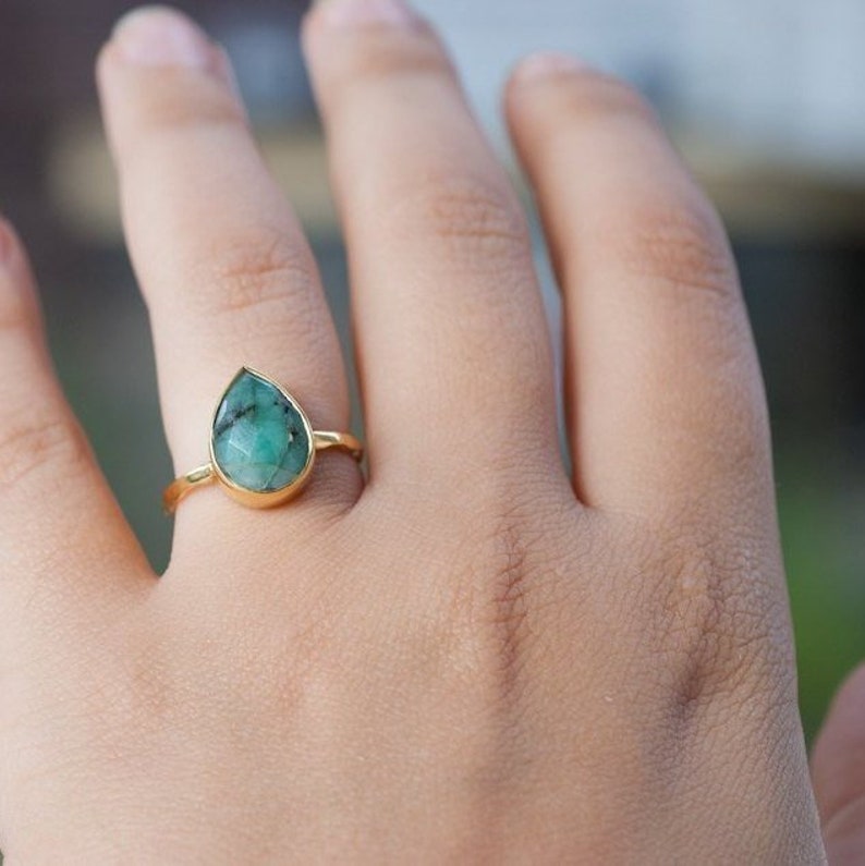 Natural Emerald Ring Gold, Round Stone Ring, May Birthstone Jewelry, Raw Emerald Cocktail Ring, Girlfriend Gift For Her image 10