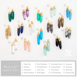 May include: A selection of 16 different gemstone pendants, each with a gold-plated bail. The gemstones include green onyx, amethyst, chrysoprase, aqua chalcedony, blue chalcedony, rutilated quartz, lapis lazuli, white agate, tourmaline quartz, smokey quartz, clear quartz, pink chalcedony, turquoise, amazonite, black onyx, and dendrite opal.