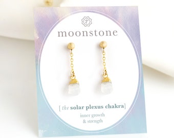 Simple Moonstone Stud Drop Earrings, Minimalist June Birthstone Earrings, Growth Strength Crystal Gift, Everyday Gold Filled Summer Jewelry