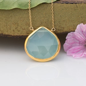 Aqua Blue Chalcedony Necklace - Gemstone Necklace - Gold Necklace - Layering Necklace - Gold Framed Stone - Sea Foam Green Pendant -