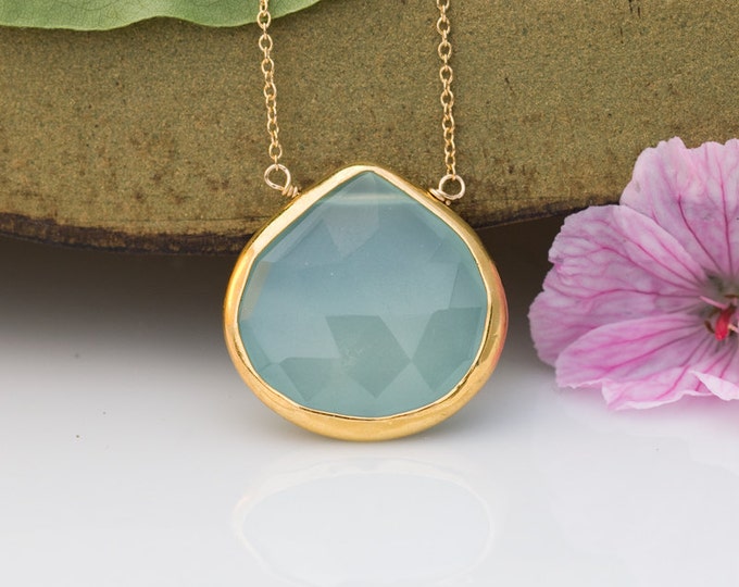 Aqua Blue Chalcedony Necklace - Gemstone Necklace - Gold Necklace - Layering Necklace - Gold Framed Stone - Sea Foam Green Pendant -