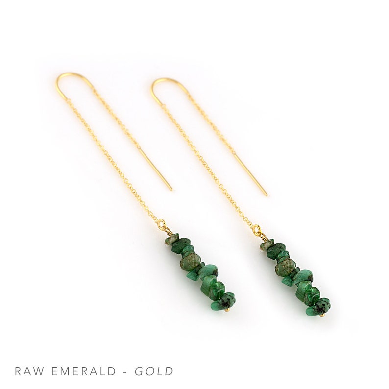 Dainty Emerald Threader Earrings, Natural Raw Emerald Drop Earrings Gold Filled, May Birthstone Birthday Gift for Girlfriend, Crystal Chips image 2