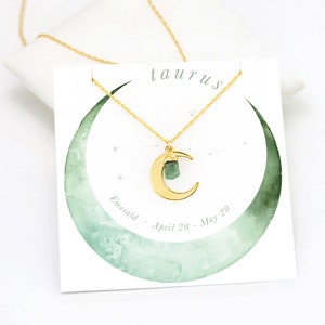 Taurus Horoscope Necklace, Celestial Necklace,  Stone Necklace, Zodiac Jewelry, Crescent Moon, Raw Emerald Stone, Dainty Moon, NK-N