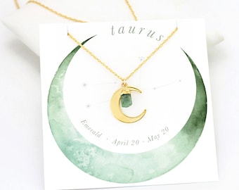 Taurus Horoscope Necklace, Celestial Necklace, Healing Stone Necklace, Zodiac Jewelry, Crescent Moon, Raw Emerald Stone, Dainty Moon, NK-N