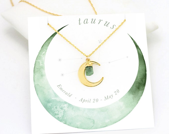 Taurus Horoscope Necklace, Celestial Necklace,  Stone Necklace, Zodiac Jewelry, Crescent Moon, Raw Emerald Stone, Dainty Moon, NK-N