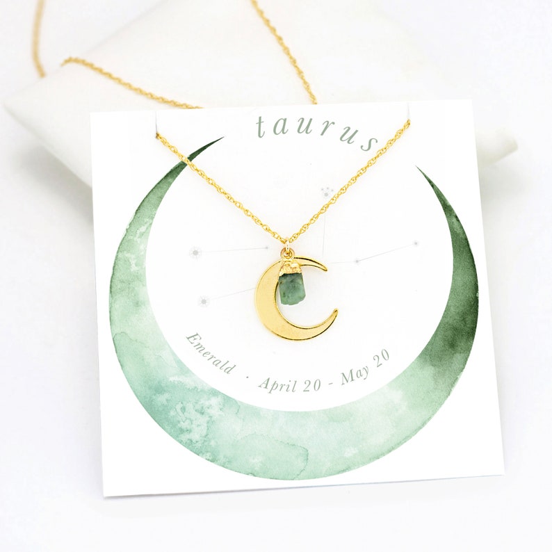 Taurus Horoscope Necklace, Celestial Necklace,  Stone Necklace, Zodiac Jewelry, Crescent Moon, Raw Emerald Stone, Dainty Moon, NK-N 