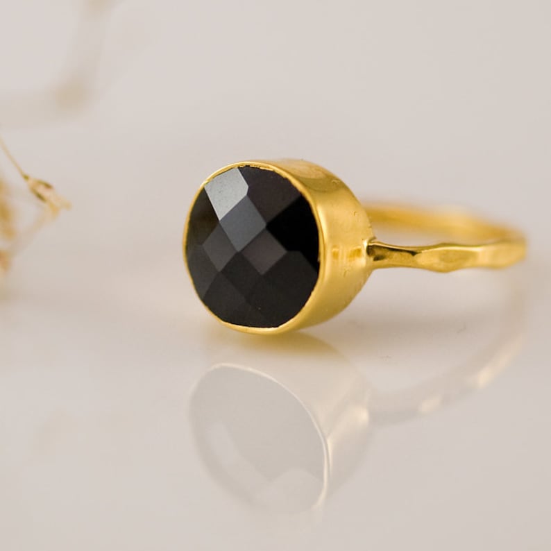 Black Onyx Ring, Round Gemstone Ring, Stacking Ring, Onyx Jewelry, Black and Gold, Modern Ring, Minimalist, Faceted Stone Ring, RG-RD image 1