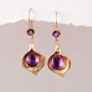 Purple Amethyst Flower Earrings, February Birthstone, Calla Lily Jewelry, Woodland Jewelry, Nature-Inspired Earrings, Gift for Mom