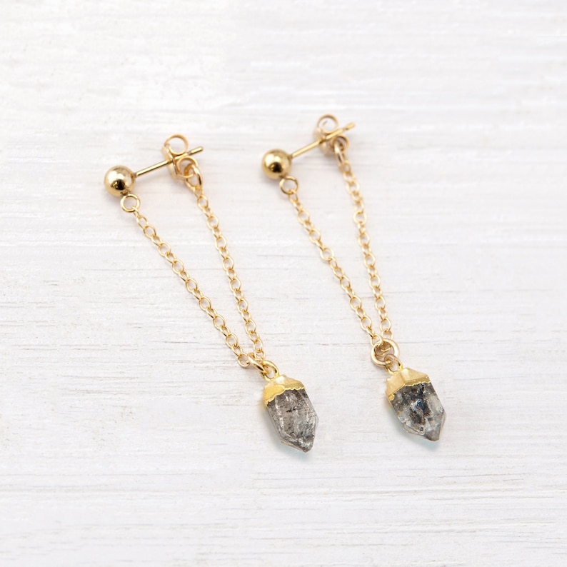 Raw Diamond Chain Stud Earrings, Gold Filled Herkimer Diamond Hoop Chain, Minimalist Jewelry, Gemstone Stud Drop Earrings, Bridesmaid Gift image 1