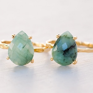 Raw Emerald Ring Gold, May Birthstone Ring, Gemstone Ring, Rose Gold Stacking Ring, Tear Drop Ring, Prong Ring, Silver Ring, RG-PP image 3