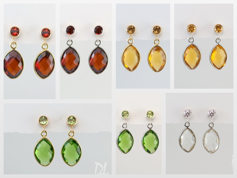 May include: A selection of gemstone earrings. Each pair has a small, round stone above a larger, teardrop-shaped stone. The earrings are set in gold, silver, and other metal tones. The gemstones are in shades of red, yellow, green, and clear.