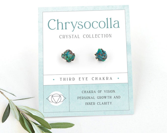 Raw Chrysocolla Sterling Silver Studs, Tiny  Crystals for Strength, Natural Rough Gemstone Post Earrings, Third Eye Chakra Gift Ideas