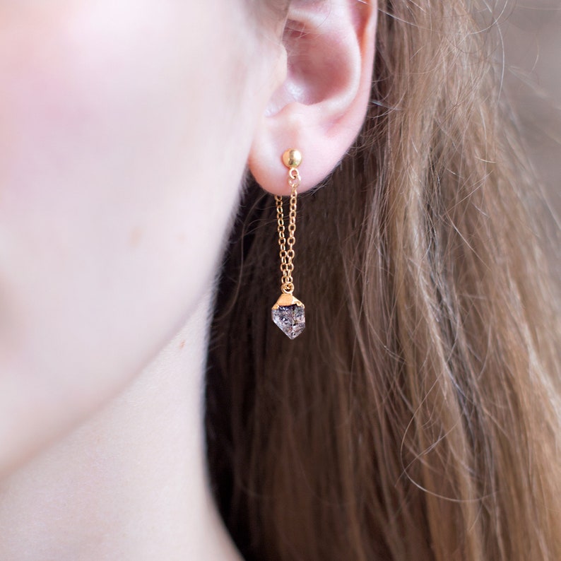 Raw Diamond Chain Stud Earrings, Gold Filled Herkimer Diamond Hoop Chain, Minimalist Jewelry, Gemstone Stud Drop Earrings, Bridesmaid Gift image 2