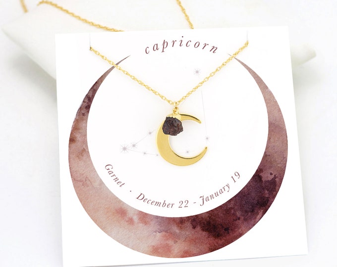 Capricorn Necklace, Garnet Necklace Gold, Stone Charm Necklace, January Birthstone Gift, Dainty Moon Necklace,  Crystal, Astrology