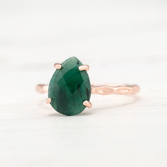 Green Raw Emerald Ring Silver, May Birthstone Ring, Gemstone Ring, Stacking Ring, Rose Gold Ring, Tear Drop Ring, Prong Set Gem Ring, RG-PP