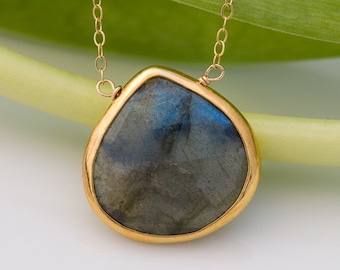 Labradorite Necklace - Gemstone Necklace - Gold Necklace - Layered Necklace - Stone Pendant - Gold Framed Stone - Boho Jewelry -
