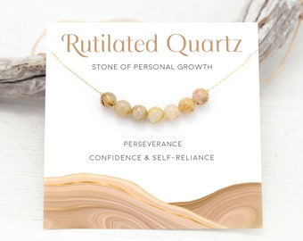 Golden Rutile Quartz Crystal Bar Necklace, Strength Growth Motivational Inspirational Jewelry Gift, Beaded  Quartz Layering Choker