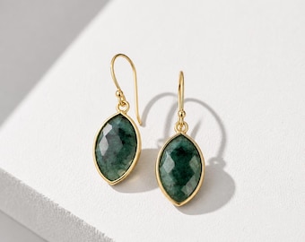 Raw Emerald Marquise Drop Earrings, May Birthstone Jewelry, Gold or Silver Finish