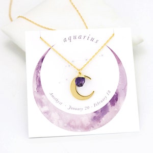 Aquarius Necklace Gold, Zodiac Jewelry, Celestial Jewelry, Bridesmaid Gift, Crystal Pendant, Amethyst Necklace, Crescent Moon, Astrology