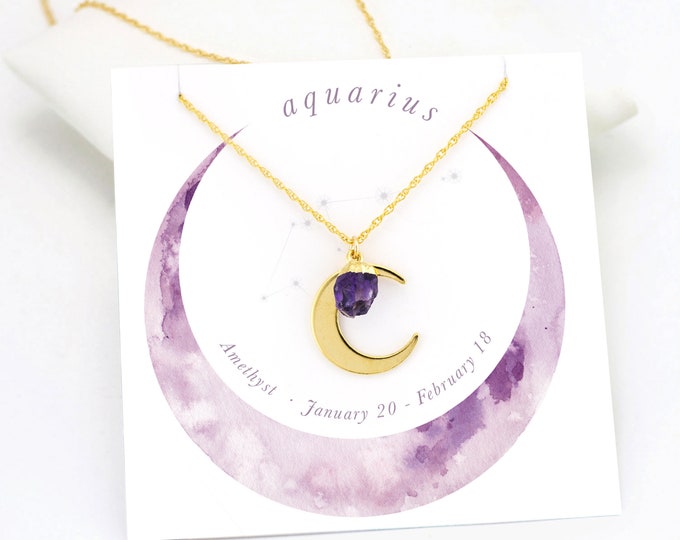 Aquarius Necklace Gold, Zodiac Jewelry, Celestial Jewelry, Bridesmaid Gift, Crystal Pendant, Amethyst Necklace, Crescent Moon, Astrology