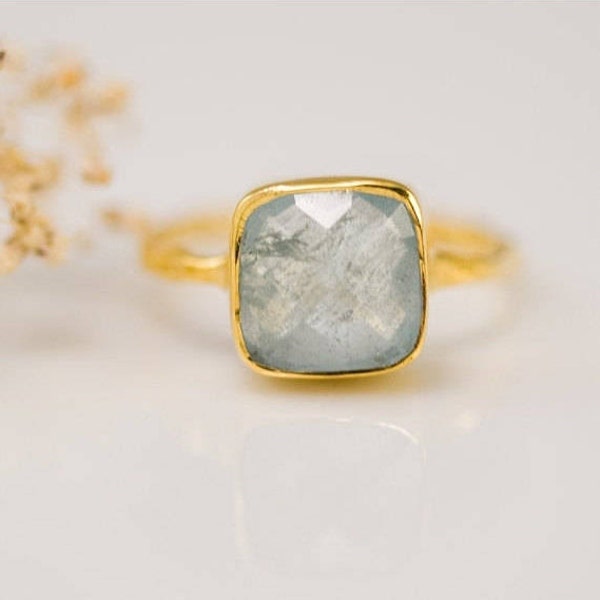 Aquamarine Ring Gold, March Birthstone Ring, Stacking Ring, Gemstone Ring, Gold Ring, Square Stone Ring, Dainty Ring, Gift for Her