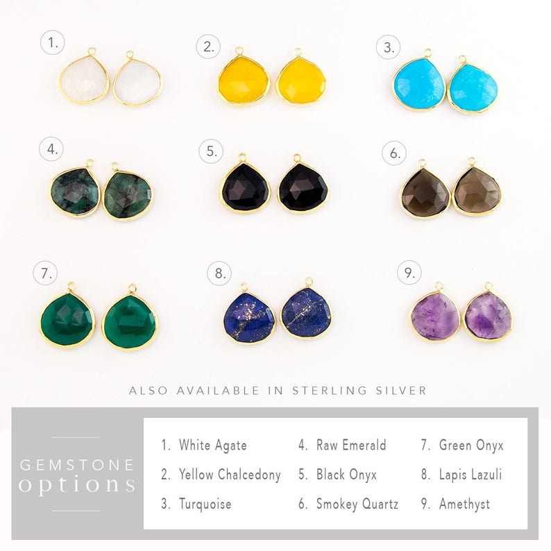 May include: Nine pairs of gemstone teardrop pendants with gold-toned jump rings. The gemstones are white agate, yellow chalcedony, turquoise, raw emerald, black onyx, smokey quartz, green onyx, lapis lazuli, and amethyst.