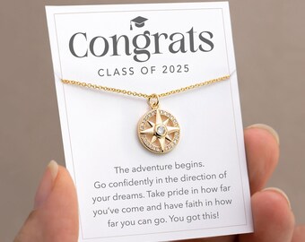 Class of 2025 Graduation Gift, Dainty CZ Compass Necklace, Gift for High School Senior Grads, College Graduation Jewelry, Gold Filled Chain