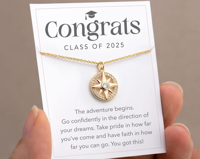Class of 2025 Graduation Gift, Dainty CZ Compass Necklace, Gift for High School Senior Grads, College Graduation Jewelry, Gold Filled Chain