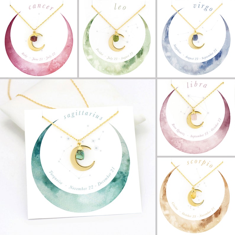 May include: A set of 10 zodiac sign necklaces featuring a crescent moon pendant and a gemstone. Each necklace is presented on a card with the zodiac sign name, gemstone name, and dates. The cards are decorated with watercolour-style illustrations of a crescent moon.