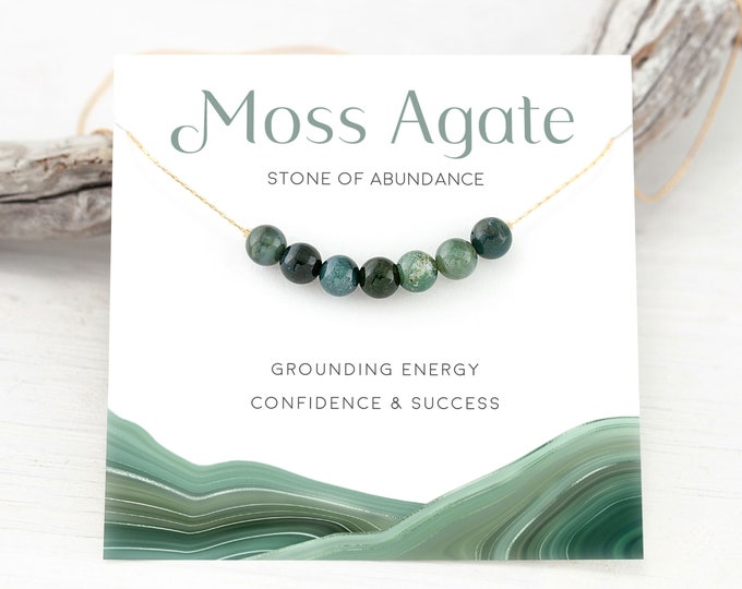 Natural Moss Agate Necklace, Abundance Confidence Crystal, Genuine Green Gemstone Beaded Bar Necklace, Nature Inspired Jewelry Gift for her
