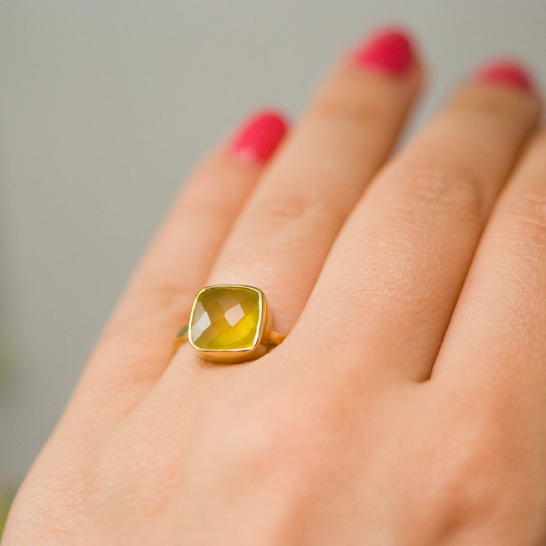 Yellow Crystal Solitaire Ring, Summer Jewelry, Yellow Chalcedony Ring Gemstone Ring Stacking Ring Gold Plated Cushion Cut Ring image 3