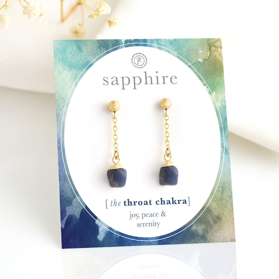 Natural Raw Sapphire Stud Dangle Earrings Gold, September Birthstone Birthday Gift for Virgo Under 50, Minimalist Crystal Jewelry Good Vibes