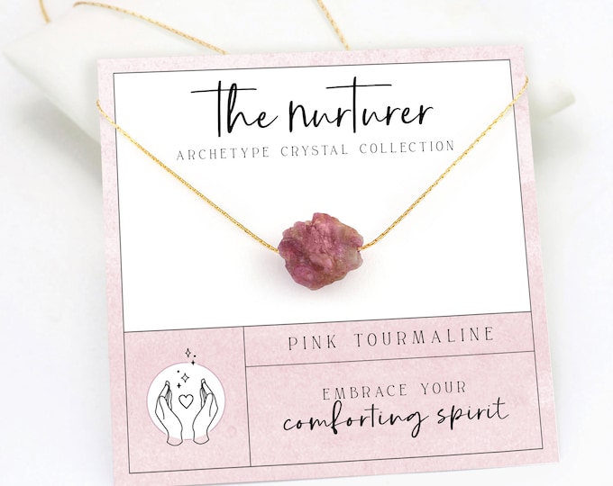 Pink Tourmaline Crystal Necklace, Comfort Sympathy Gift for Women, Pink Raw Crystal, October Birthstone Layering Necklace Big Sister