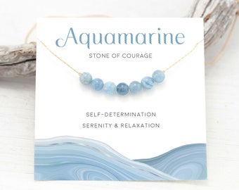 Natural Aquamarine Necklace, March Birthstone Gift, Genuine Crystals, Stone of Courage Necklace,  Motivational Gift, Beaded Bar Chain