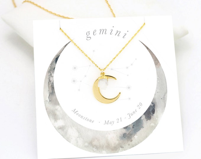 Celestial Moonstone Necklace, Gemini Necklace Gift, Zodiac Necklace,  Crystal Necklace, Raw Moonstone, Sterling Silver Moon