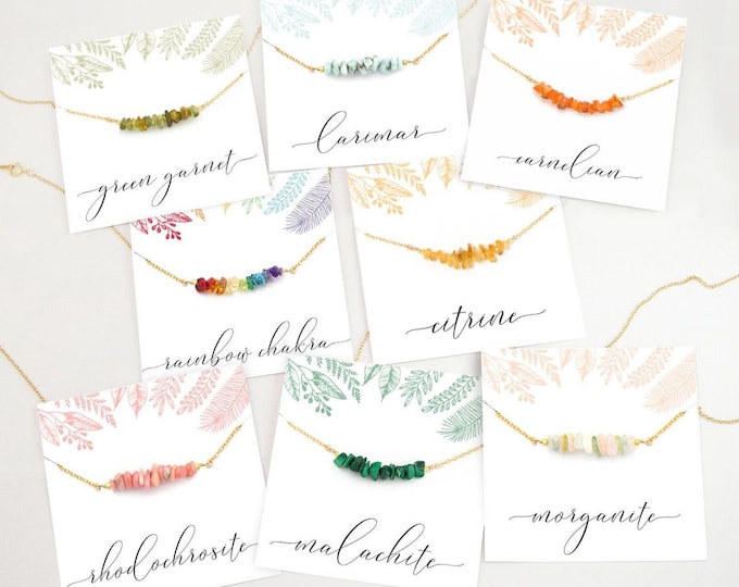 Natural Raw Crystal Bar Necklace, Rose Quartz Carnelian Malachite Gemstone Necklace, Bridesmaid Jewelry Friend Group Birthstone Gift