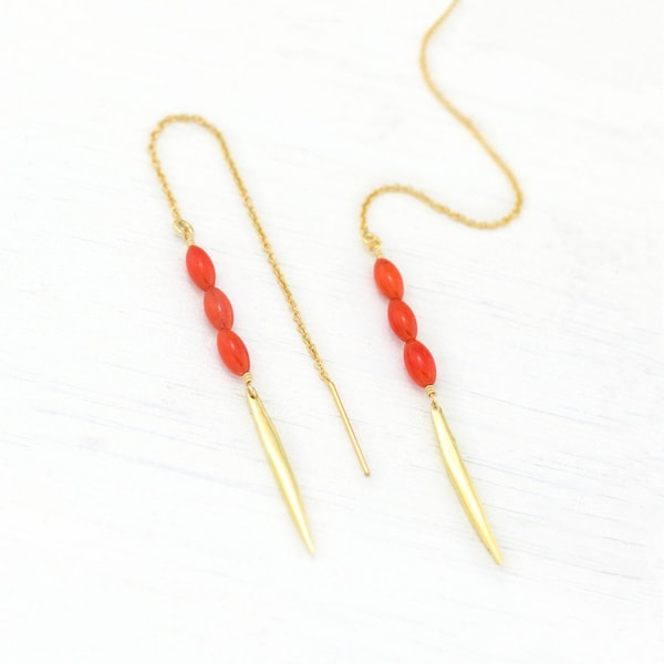 Red Coral Earrings, Bridesmaid Jewelry Gift, Summer Threaders, Beachy Earrings, Dangle Statement, Dainty Long Bar Earrings