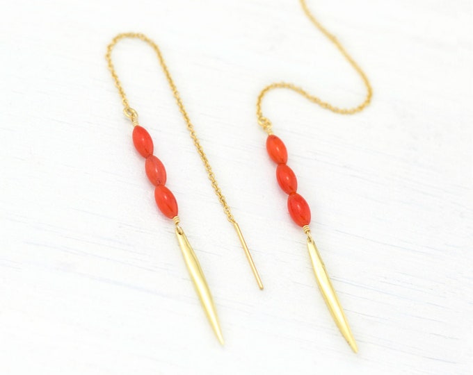 Red Coral Earrings, Bridesmaid Jewelry Gift, Summer Threaders, Beachy Earrings, Dangle Statement, Dainty Long Bar Earrings