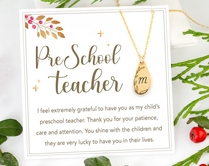 Unique Personalized Preschool Teacher Christmas Gift Necklace, Minimalist Dainty Custom Initial Necklace on Message Card, Gift under 20