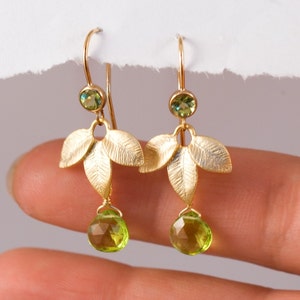 Dainty Peridot Earrings Gold, Mother of the Bride Earrings, August Birthday Gift, Elegant Leaf Dangle, Meaningful Jewelry Gift, Birthstones image 2