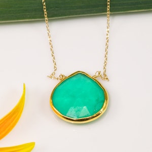 Mint Green Chrysoprase Necklace, Gold Necklace, Gemstone Necklace, Layering Necklace, Stone Pendant, Boho Jewelry, Gold Framed Stone image 1