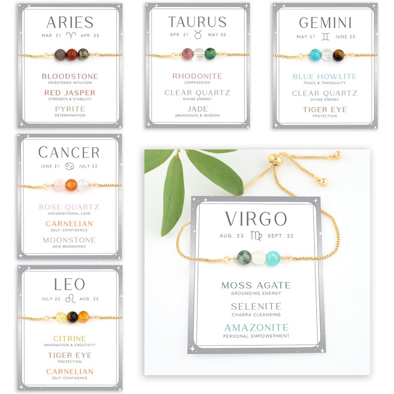 May include: A set of 10 zodiac-themed bracelets with gold chains and different colored gemstones. Each bracelet features a zodiac symbol and the corresponding birth dates. The gemstones are labeled with their names and associated meanings.