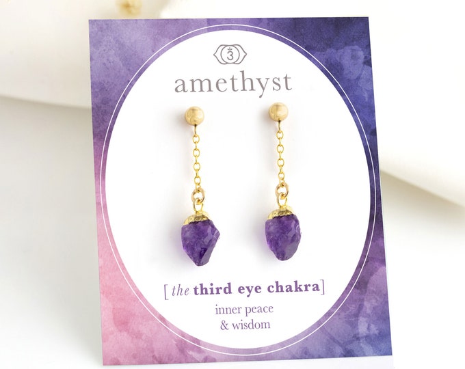 Purple Amethyst Stud Drop Earrings, February Birthstone Gift, Raw Cut Peace and Wisdom Crystal, Dainty Simple Studs, Gifts for Friend Group