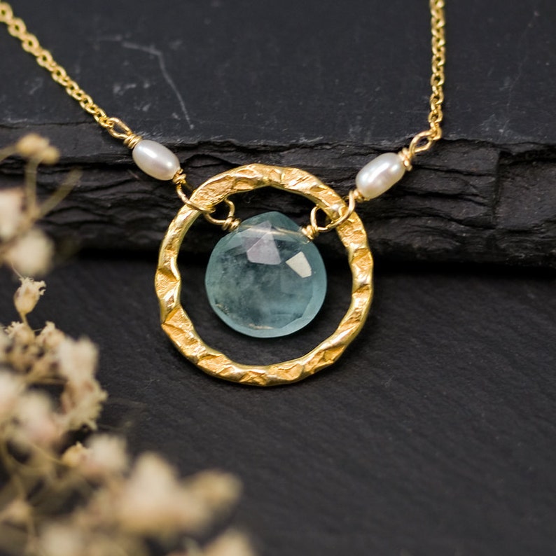 Aquamarine Hammered Circle Necklace, March Birthstone Necklace, Bridesmaids Necklace, Wedding Necklace, Dainty Gemstone Drop Necklace, NK-HC image 1