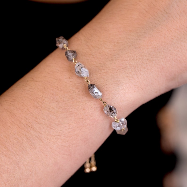 Raw Diamond Bracelet, Herkimer Diamond Beaded Bracelet Adjustable, Raw Crystal Stacking Chain Bolo Bracelet, Minimalist Bridal Jewelry Gift image 2