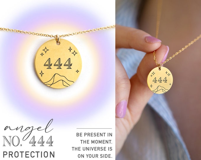 Angel Number Necklace, 444 Protection Lucky Charm Pendant Gift for Her, Engraved Disc, Handmade Summer Jewelry, Spiritual Numerology 777