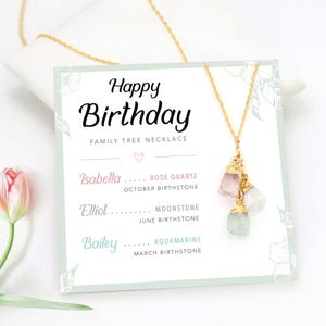 Personalized Birthday Card, Raw Crystal Birthstone Necklace for Mom, Special Meaningful Gift from Daughter, Family Tree Jewelry Necklace