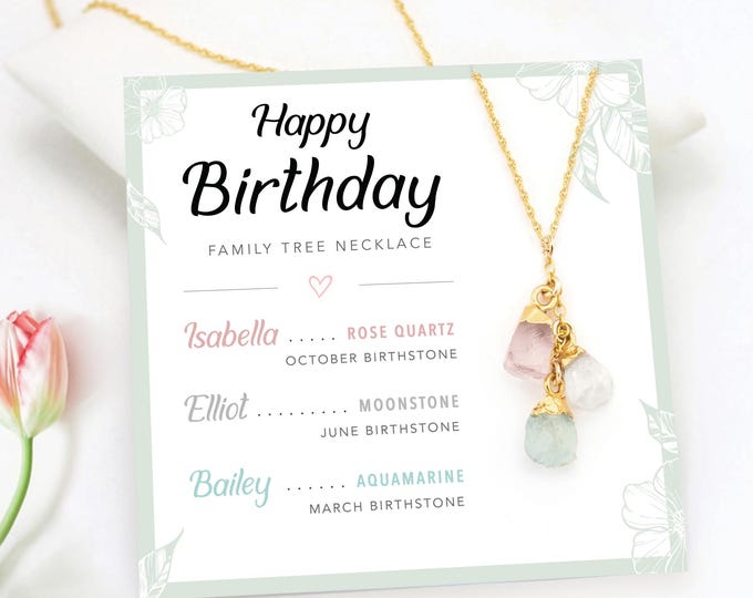 Personalized Birthday Card, Raw Crystal Birthstone Necklace for Mom, Special Meaningful Gift from Daughter, Family Tree Jewelry Necklace