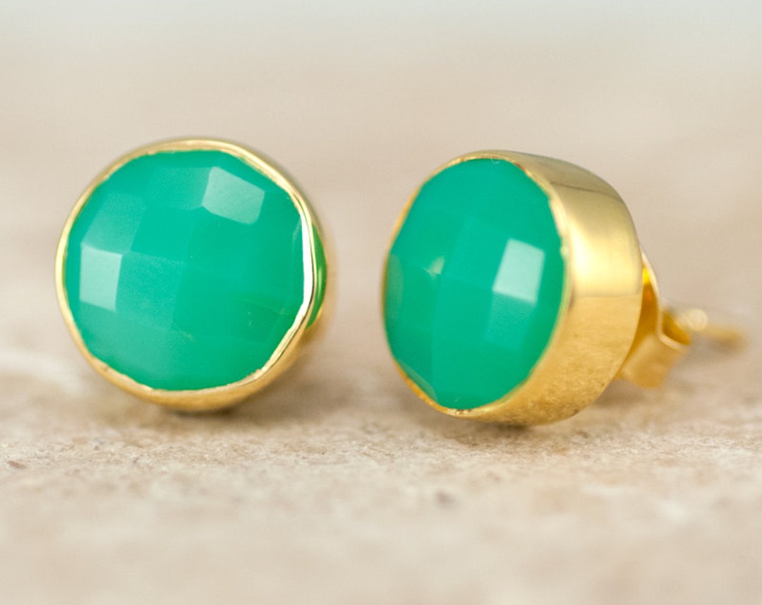 Round Chrysoprase Gemstone Stud Earrings, Gold Green Stone Earrings, Trending Jewelry, Bridesmaids Earrings, Gold Set Stone Studs